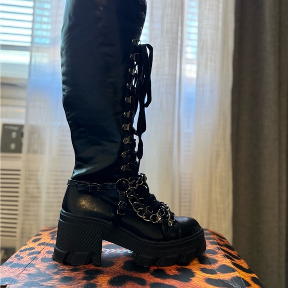 Akira Black Lace Up Combat Boots with Chain Detail - Picture 2 of 7